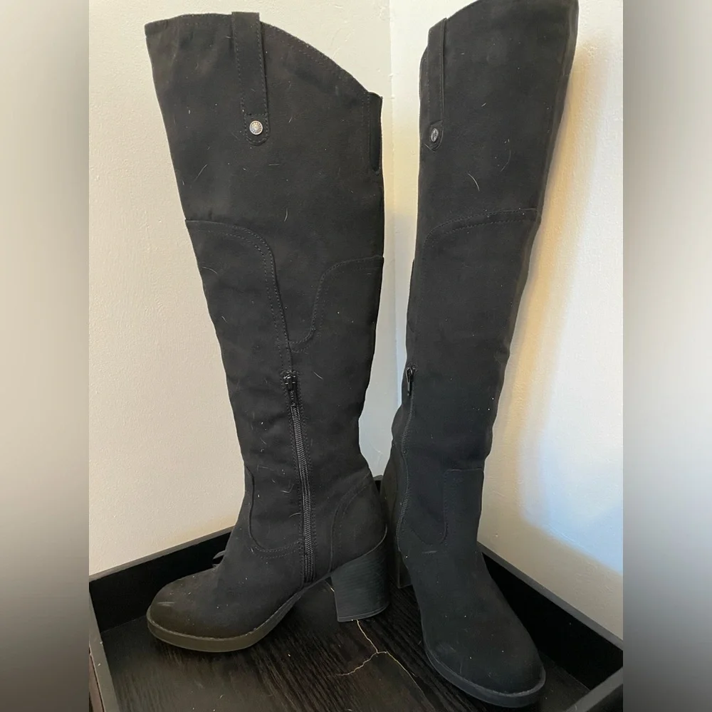 Black Faux Suede Over The Knee Boots Block Heel Side Zip‎ Women's Size 7.5